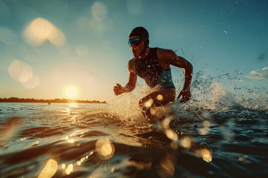 Triathlon swimming man running out of water during ironman race. Male triathlete finishing swim time competition. Fit athlete swimmer sprinting determined out of water in professional tri suit
