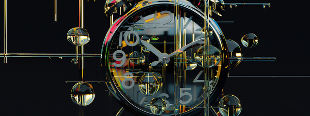 Time takes on a psychedelic form with a mesmerizing clock, its vibrant colors and abstract patterns creating an unconventional and mind-bending experience. Black background.
