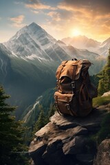 Backpack on the edge of alpine cliff, overlooking majestic mountains and forests under a setting sun. The scene captures adventure with the bag as its focal point, symbolizing exploration in nature.