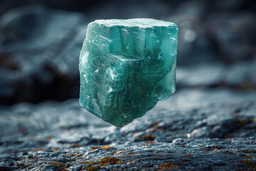 A piece of green rock is positioned on top of a larger rock in a natural outdoor setting