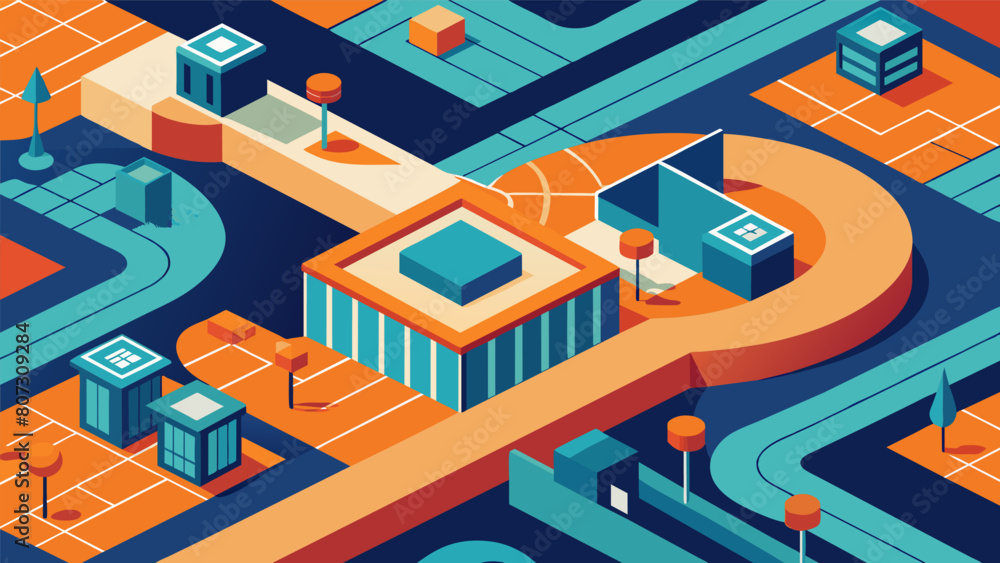 Poster from high above the site appears almost geometric a mix of straight lines curves and right angles a 