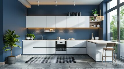 Modern kitchen design with dark blue wall.AI generated image.