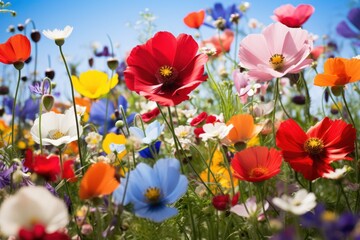 Colorful wildflowers in full bloom, including red and pink cosmos, blue corn poppies, yellow daisies, white snowdrops and green meadow grasses.
