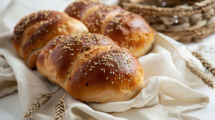 A detailed view of bread placed on a cloth, emphasizing texture and color contrast