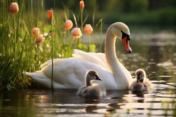 A family of white swans swimming in the lake with tulips on grass at sunset. The mother has two fluffy grey cygnets around her.