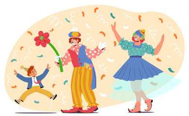 Animator Clowns In Bright, Whimsical Attire Create A Delightful Scene At Children Party. Characters Juggling And Dancing