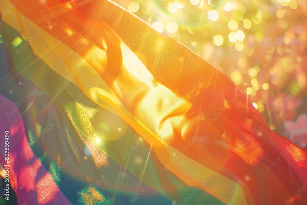 Aufkleber close up of a rainbow flag waving in the wind with sunlight and a bokeh effect in the background, de