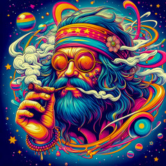 Digital art vibrant colorful psychedelic hippie character smoking a blunt