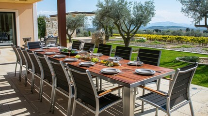 Beautifully set outdoor terrace dinner party with festive ambiance and delicious food