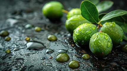   A cluster of verdant fruits perched atop moist earth, adjacent to an emerald foliage above it