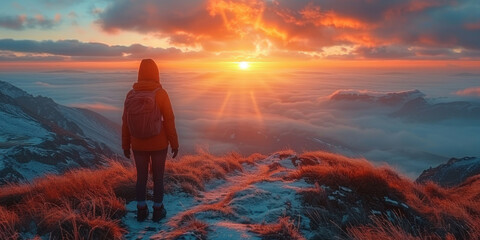Majestic sunset view from the top of the mountain with a person observing the sun setting over the mountains