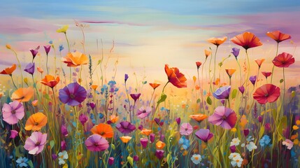 Beautiful poppy flowers in meadow at sunset. Digital painting.