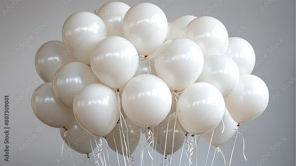 Poster   A cluster of spherical balloons adorned with strings at the base