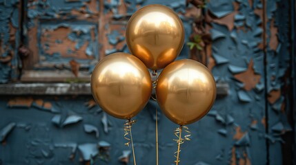   A group of gold balloons rests before a blue wall with an aged metal door behind