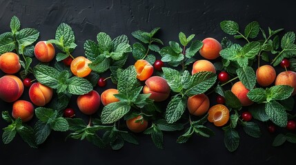   A black surface with a group of peaches and mints surrounded by leaves and fruit