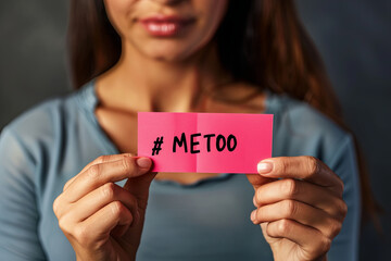 woman showing a note with the text me too, with writing " # METOO "
