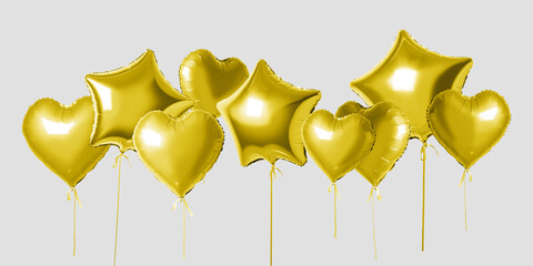 Many gold helium foil balloons of different shapes over white background. Minimal holiday concept. © Paopano