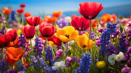 Panoramic view of colorful spring meadow with tulip flowers