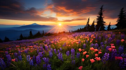 Sunset in the mountains. Panoramic view of meadow with purple and pink flowers.