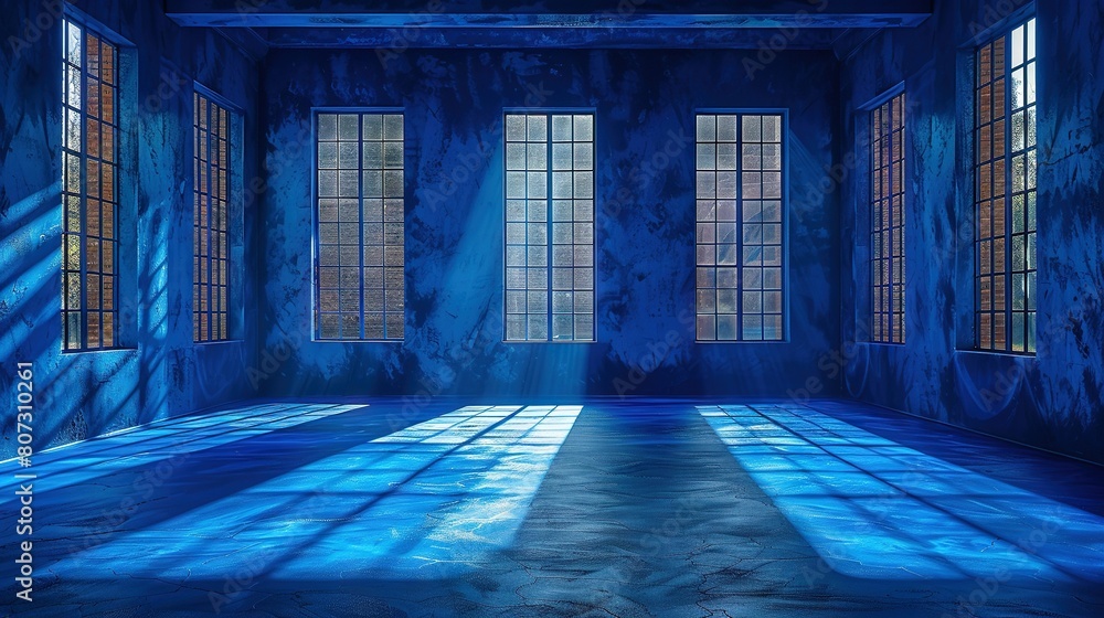 Poster an empty room featuring three windows and a radiant light streaming through them from beyond