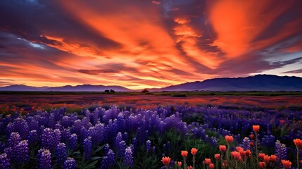 Sunset over lupine field in spring, New Zealand.