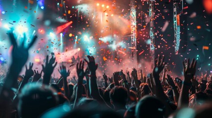 A lively crowd of people at a concert, cheering and dancing as confetti falls from the sky.