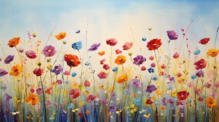 Colorful meadow with wildflowers on blue sky background.