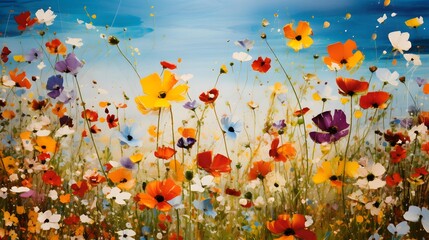 Colorful poppies and daisies on the seashore