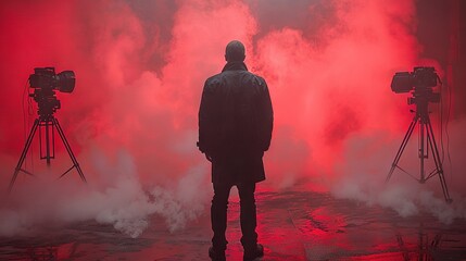   A man stands before a red background, with smoke rising from behind him and a camera on a tripod behind him