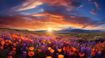 Beautiful panoramic landscape with blooming lupins and sunset