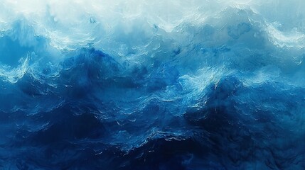   A blue-and-white wave painting on a blue-and-white backdrop features a perched black seabird