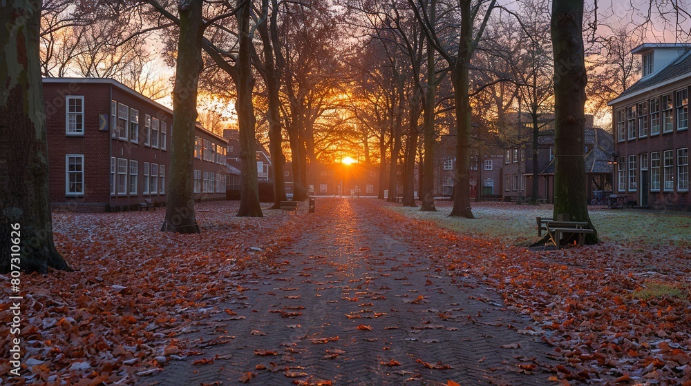 Poster the sun sets behind trees with leaves on the ground and a bench in front