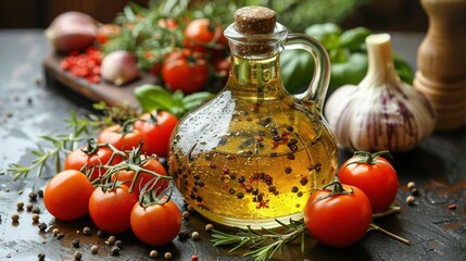   A bottle of olive oil with surrounding tomatoes, garlic, garlic breadcrumbs on a table