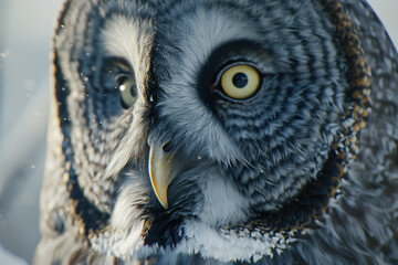 Front-facing photo of an owl, focus on the eyes.