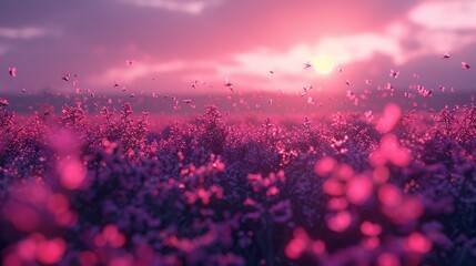   A field filled with numerous purple blooms under a vibrant combination of pink and blue skies, with a distant sunset appearing in the background