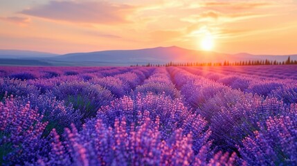   Lavender field bathed in golden light as the sun descends over mountainous backdrop, framing azure sky