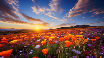 Panoramic view of beautiful blooming Poppy field at sunset