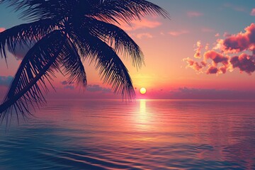 Sunrise over the water and palm tree