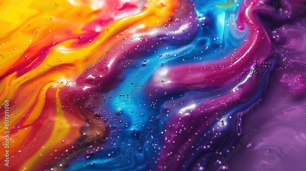 Poster   Close-up of multicolored liquid on image background with water drops on bottom and top