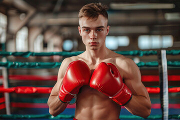 Strong boxer in boxing gloves training in the gym