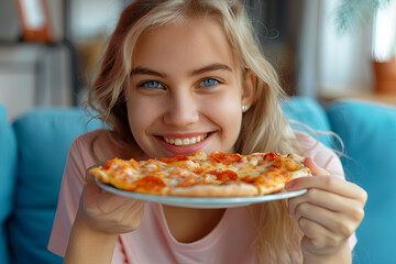 Close up view of happy hungry pretty blonde hair girl sitting on blue sofa at home and eating tasty pizza
