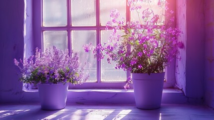   A pair of potted plants perch on a window sill beside a pane of glass
