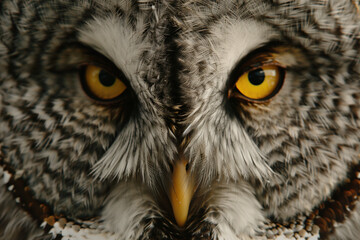 Front-facing photo of an owl, focus on the eyes.