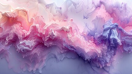   An abstract canvas featuring vibrant hues of pink, purple, and white swirls on a monochromatic backdrop of gray and white, with a serene blue sky painted in