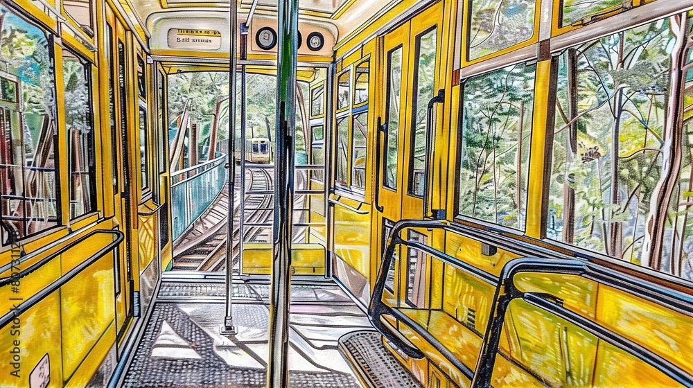Poster a sketch of a spacious bus interior with numerous windows and a central bench