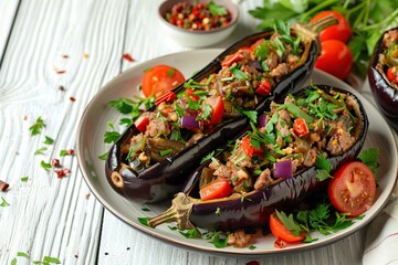 Eggplant stuffed with vegetables and meat on wooden table