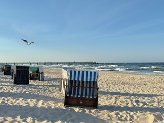 Strandkorb. wicker beach chairs on a beach at the baltic sea in usedom, germany