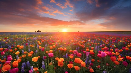 Sunset over a field of poppies and lupines