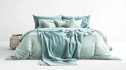 Contemporary pale turquoise bedroom setup with a spacious bed, plush pillows, and a blanket, studio shot on a white background
