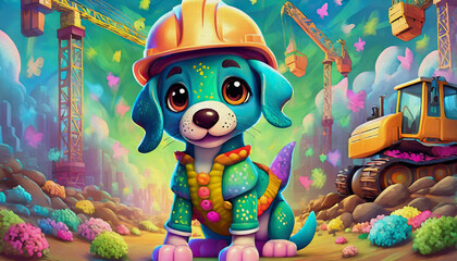 oil painting style cartoon character Multicolored baby dog construction worker